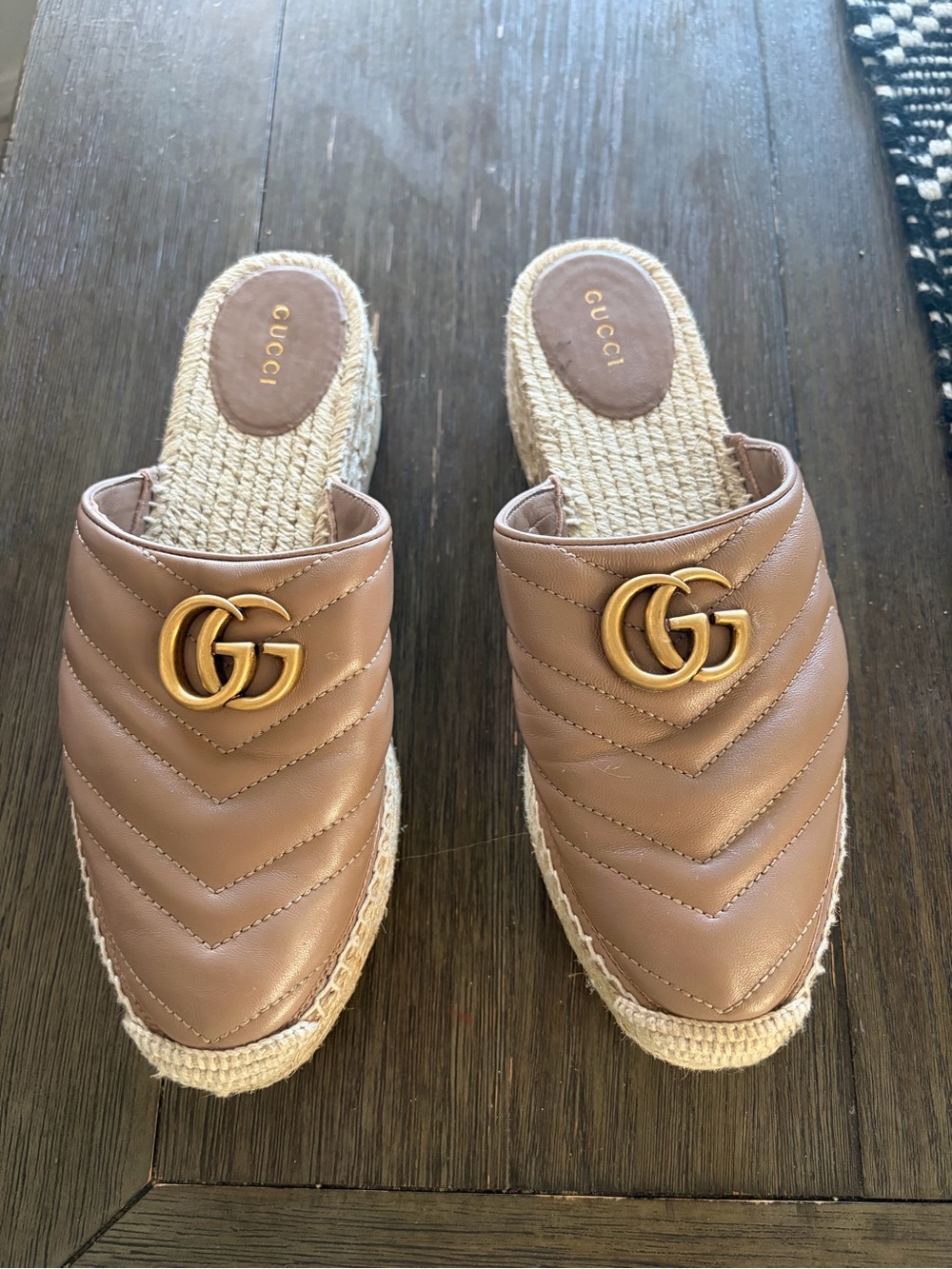 Gucci Tan Quilted Leather Espadrille Mules with Gold GG